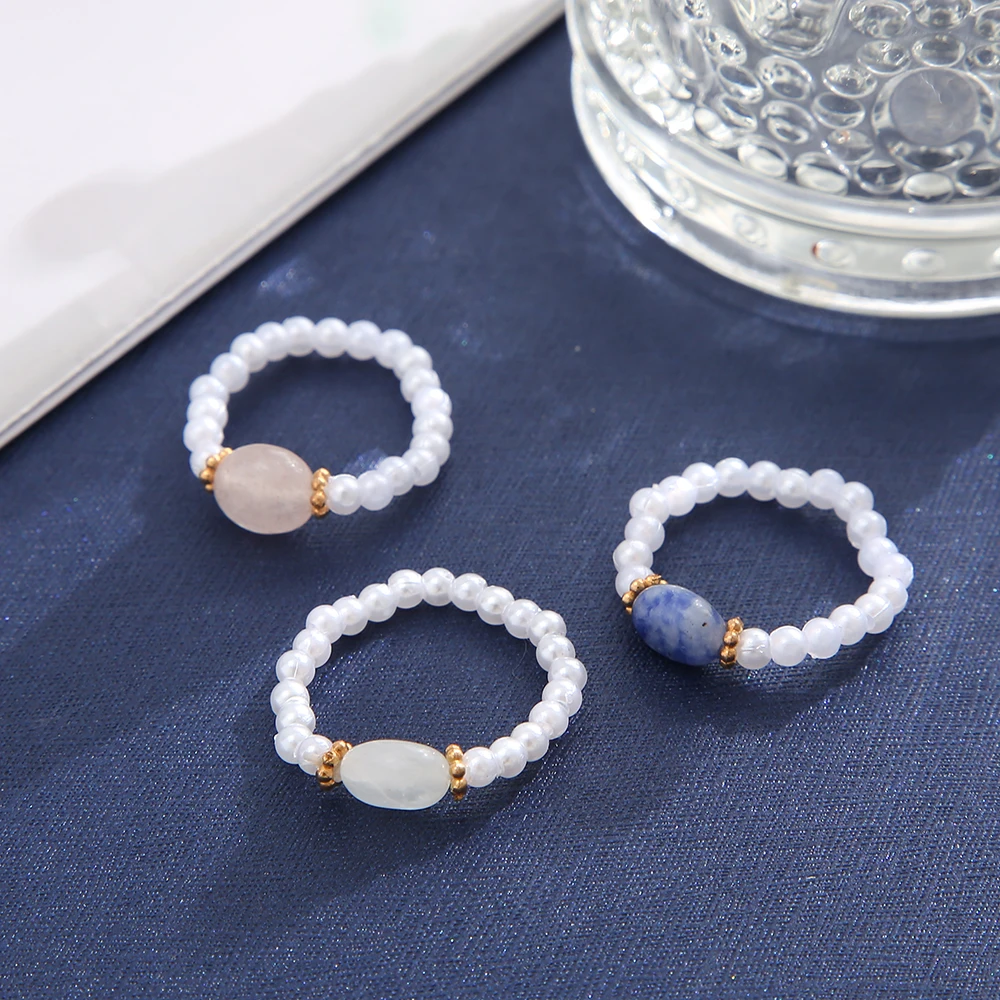 

Trend Pearl Crystal Ring For Women Girls Cute Flowers Beaded Y2k Resin Rings Set 2022 Jewelry Accessories Gifts