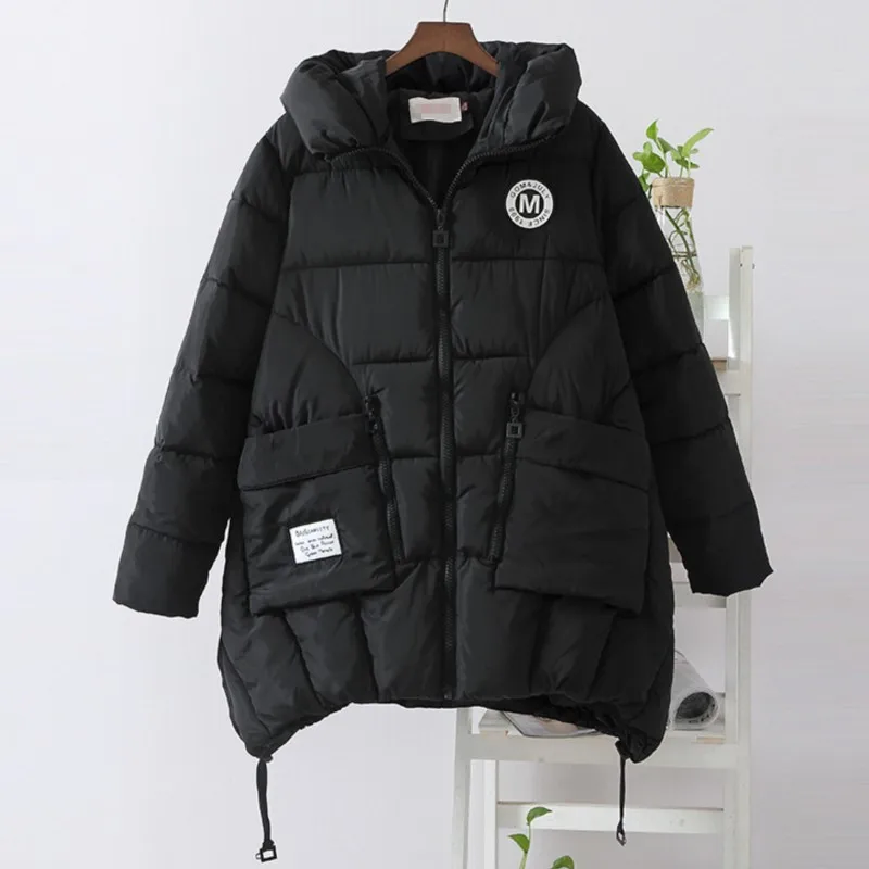 Plus Size Parkas Women Clothing Loose Fit Long Padded Jacket Winter Hooded Letter Label Thick Sustans Filling Down Cotton Coat