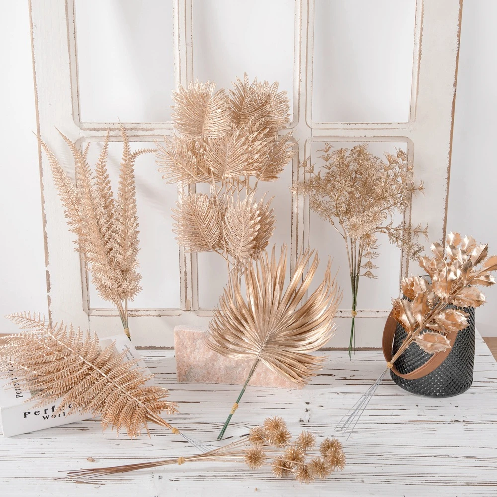 

Gold Artificial Plant Bouquet Plastic Fake Flowers for Home Decor Christmas Decoration New Year Ornaments Table Vase Accessories