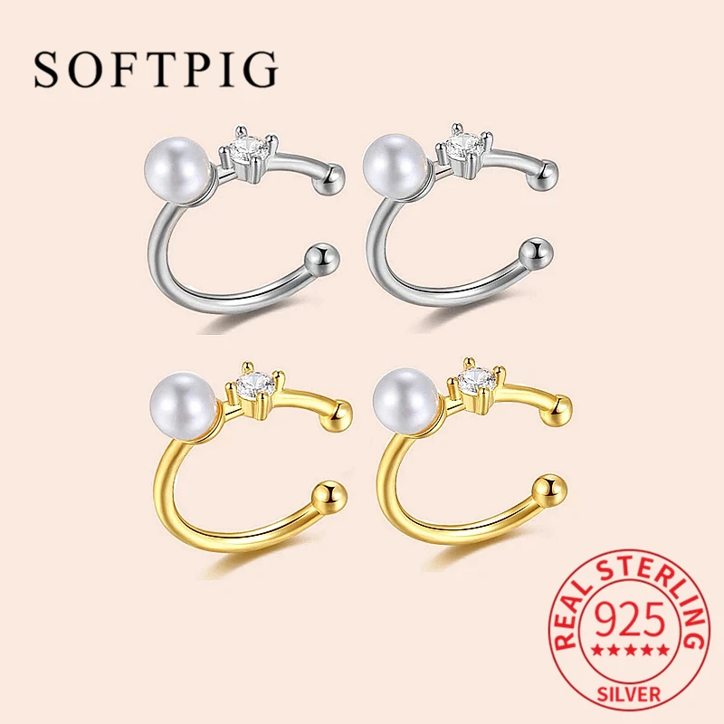 

SOFTPIG Real 925 Sterling Silver Round Pearl Zircon Clip Earrings For Charm Women Classic Fine Jewelry Minimalist Accessories