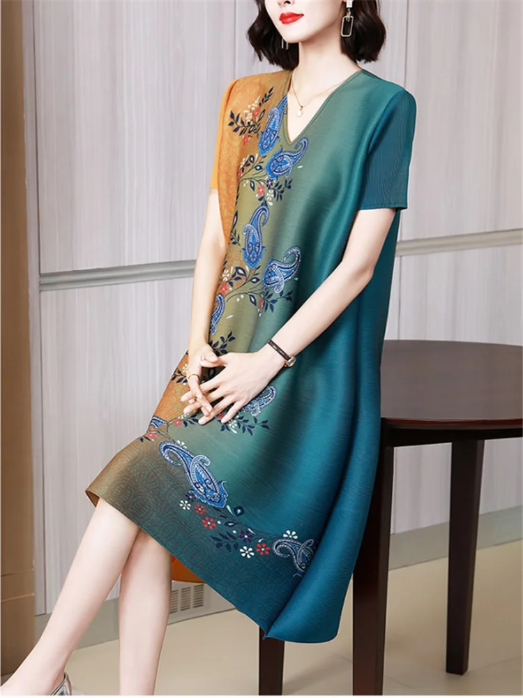 

Miyake Pleated Dress 2022 Ladies Summer New Style Short-sleeved Fashion Printing Loose Large Size A-line Dress Women's Clothing