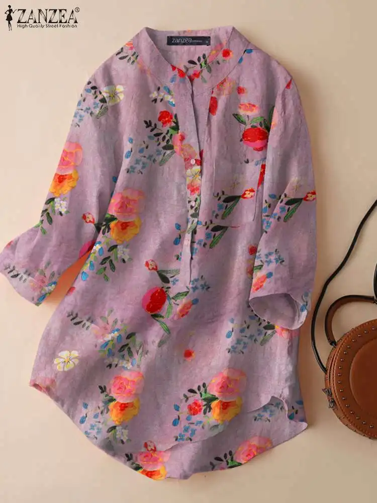 

Модная свободная туника ZANZEA на пуговицах, женские топы с рукавом 3/4, летняя Праздничная блузка с круглым вырезом, элегантная рубашка оверсайз с принтом, 2023
