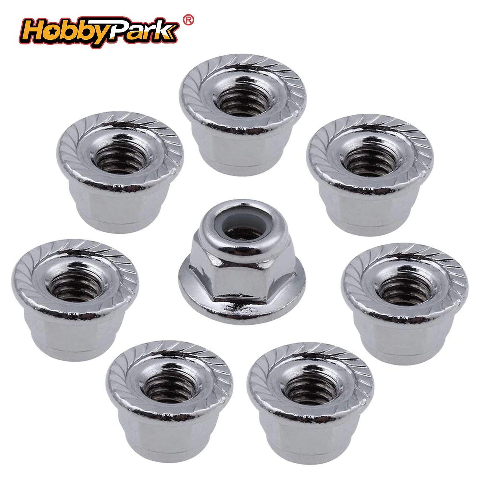 Фото Сменные нейлоновые фланцевые стопорные гайки HobbyPark M4 для радиоуправляемых моделей Traxxas Slash 4x4 2WD, Rustler, Stampede VXL, HPI, Redcat, Axial, 8 шт. №1