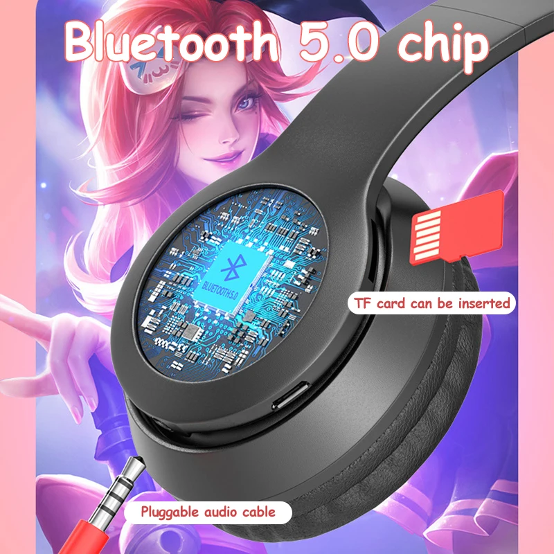Wireless Headphones Cat Ear with Mic Blue-tooth Glow Light Stereo Bass Helmets Children Gamer Girl Gifts PC Phone Gaming Headset images - 6