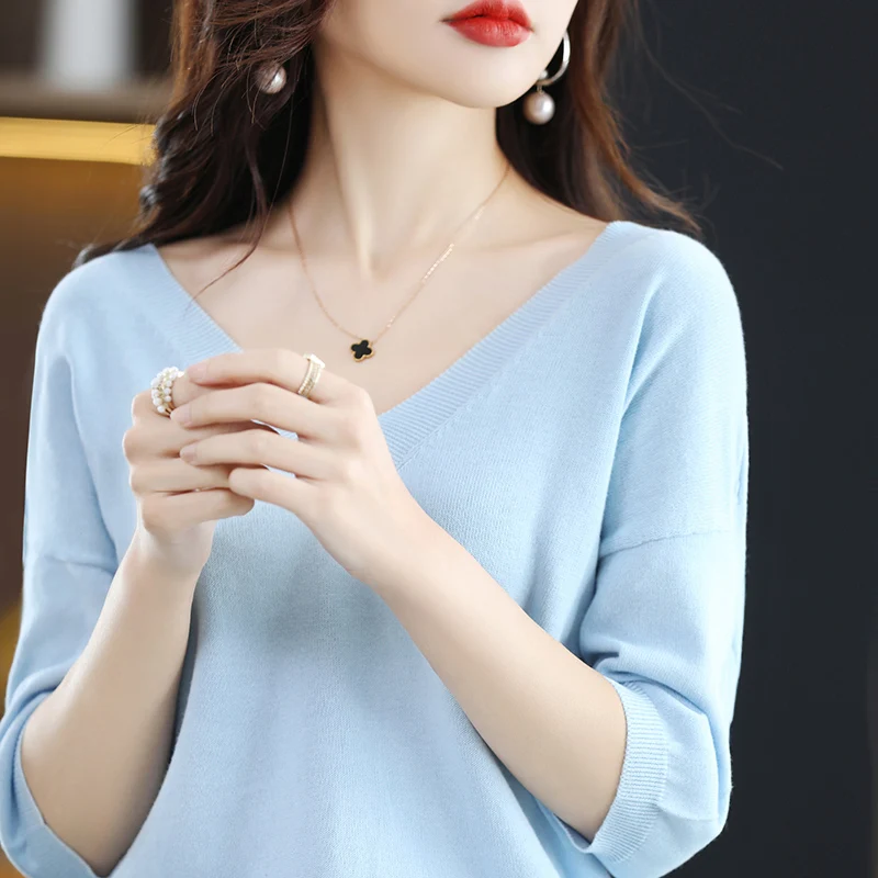 

2023Four Seasons Moze Summer New Cotton Short Sleeve Knitwear Ladies V-Neck Pullover T-Shirt Solid Color Loose Fashion Casual T
