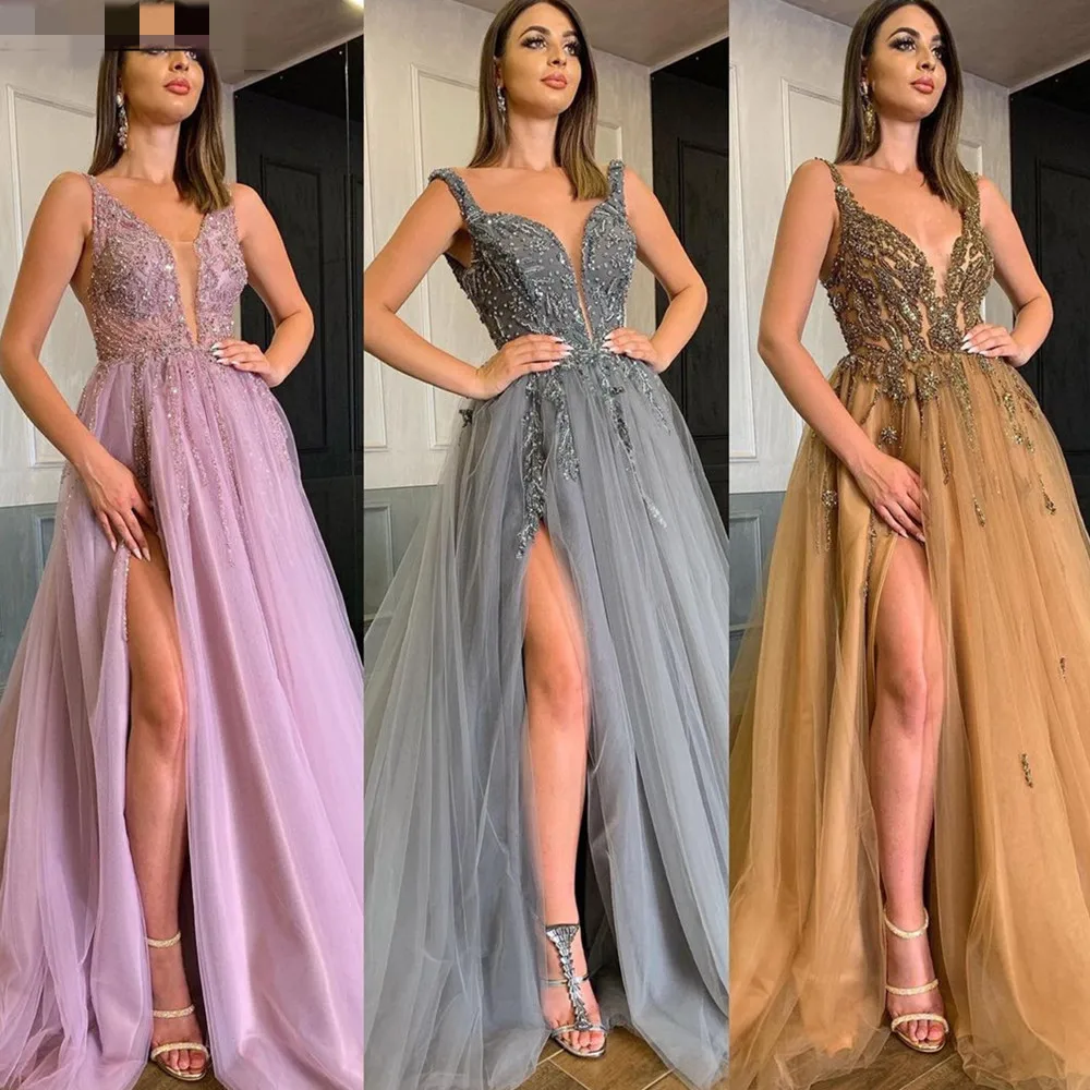 

Sexy Deep V-Neck Backless Party Dresses 2022 Lace Appliques Prom Dress For Women High Split Sweep Train Beach Robes De Soirée