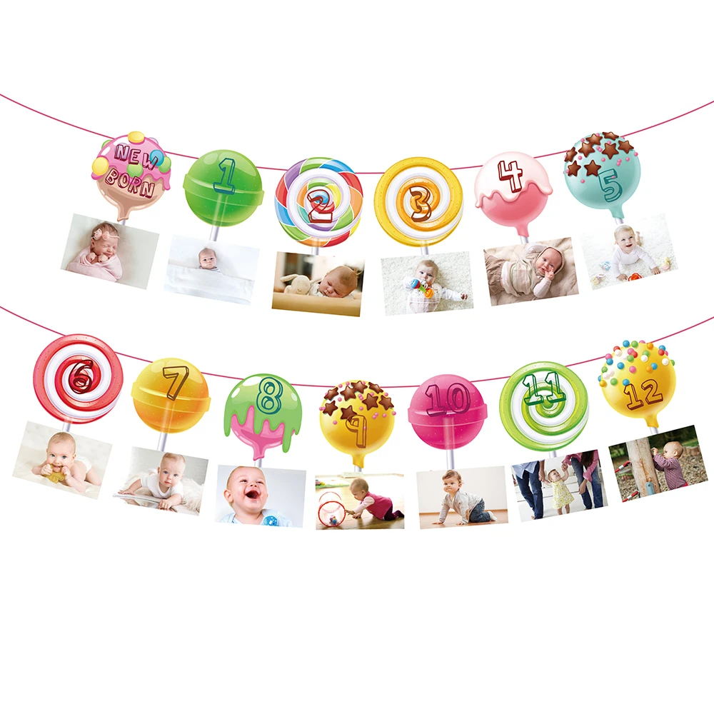 

New Born Sweet Candy Lollipop Food ONE FIRST Birthday Party Hanging Paper Photo Display Banner Flags Baby Shower Party Supplies
