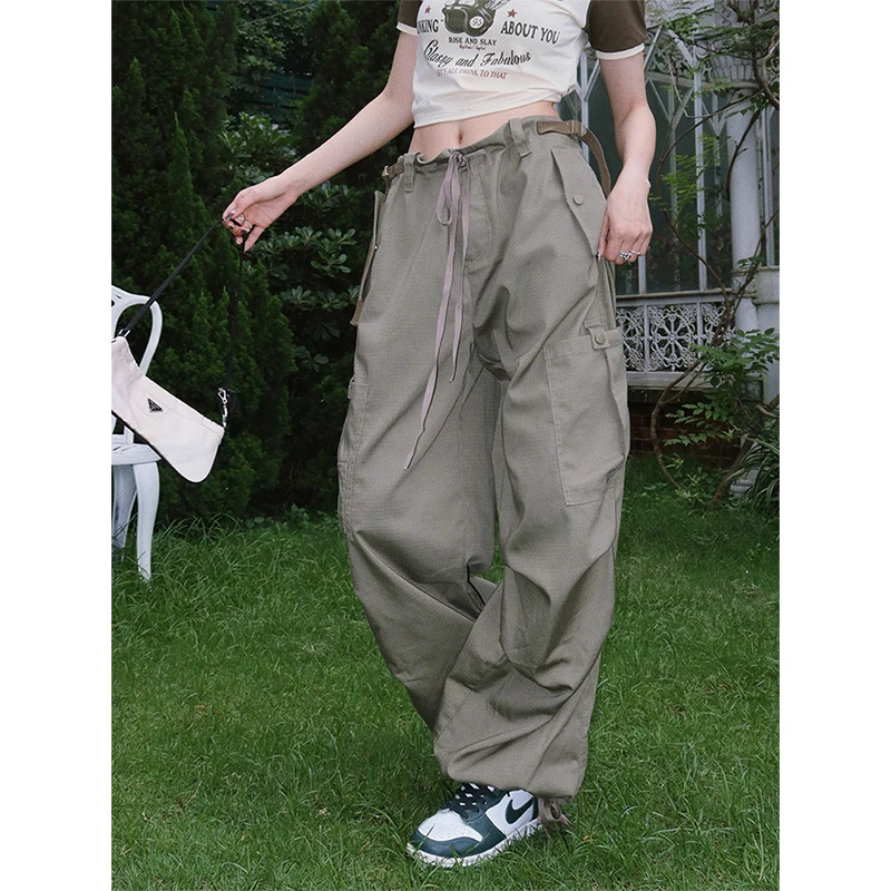 

Women Vintage Street Cargo Jeans Casual Wide Leg Pants Drawstring High Waist Self Cultivation Baggy Denim Trouser Ladies Summer