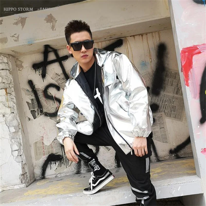 mens leather jacket singer pu coat men loose jackets Hip hop hooded clothes personalized stage street dance rock fashion b680