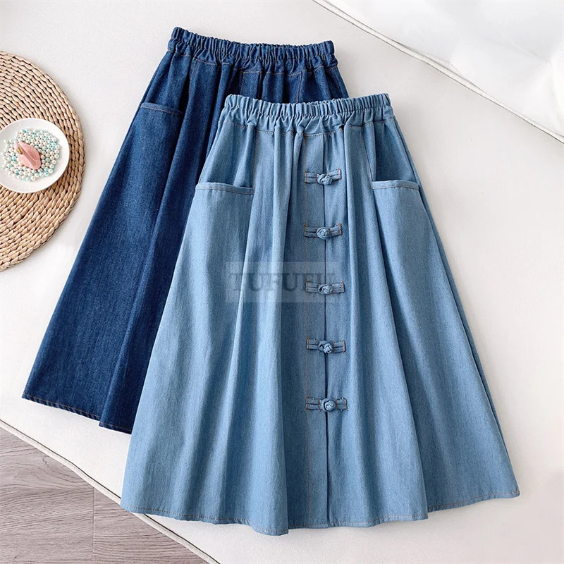 

Vintage Denim Midi Skirt Women 2022 Spring Summer A Line HIgh Waist Knee Length Jeans Skirt Female with Pocket School