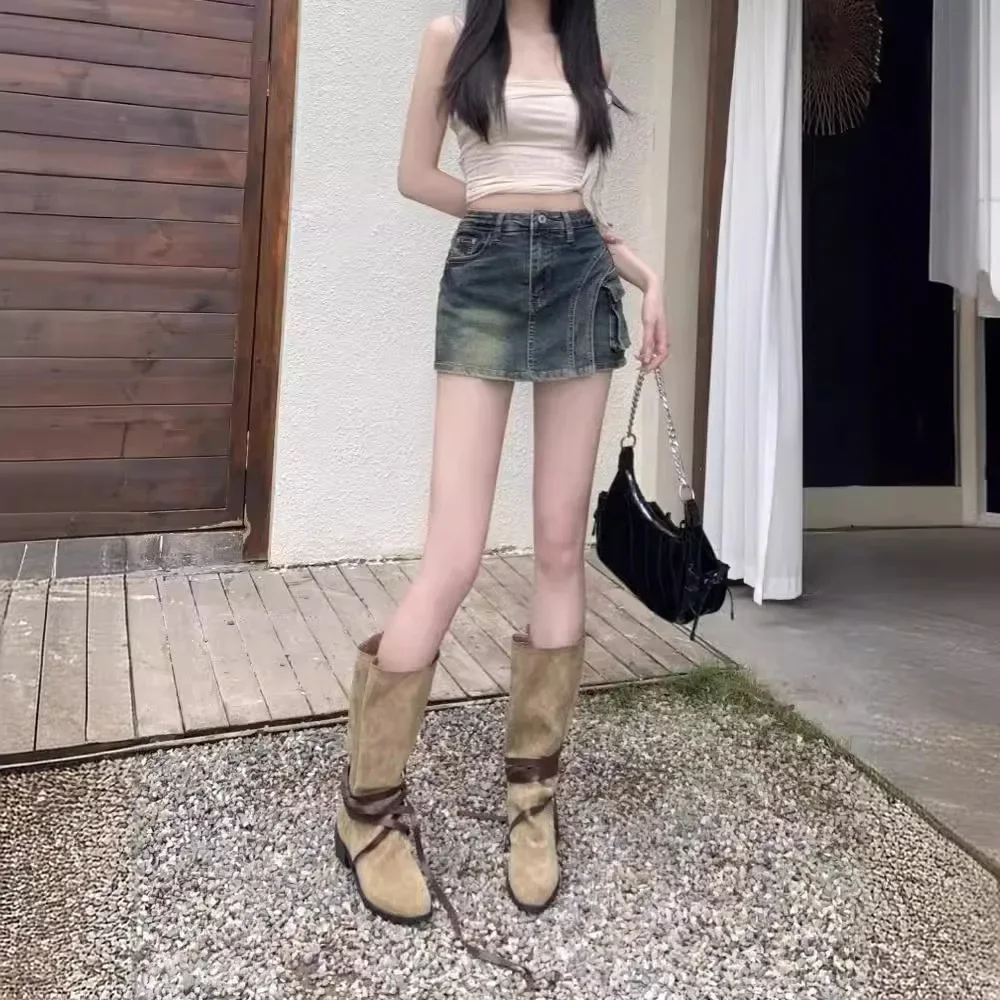 Винтажная джинсовая юбка с высокой талией и карманами лето 2023 новый стиль