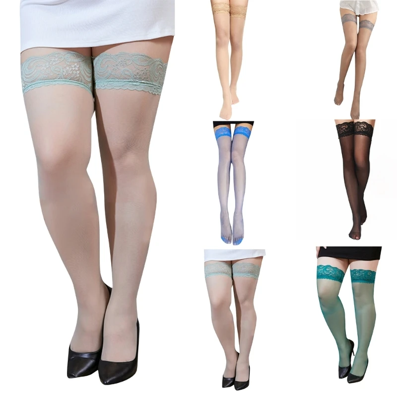 

Q1FA Women Size Colorful Silky Sheer Thigh High Long Stockings with Lace Top