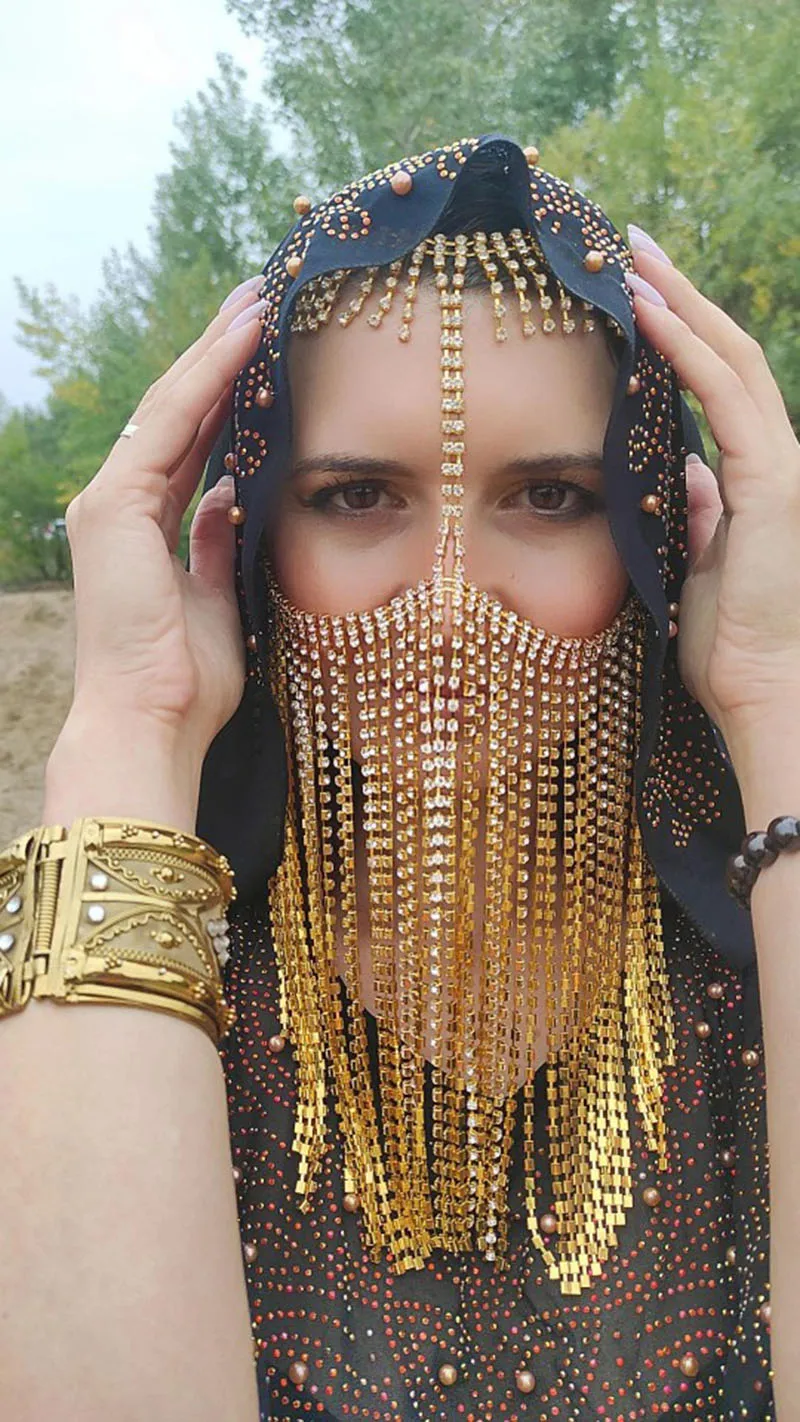 Muslim Jewelry Full Rhinestone Islamic Tassel Mask Chain Decoration Face For Indian Women Bridal Veils Crystals Christmas Party