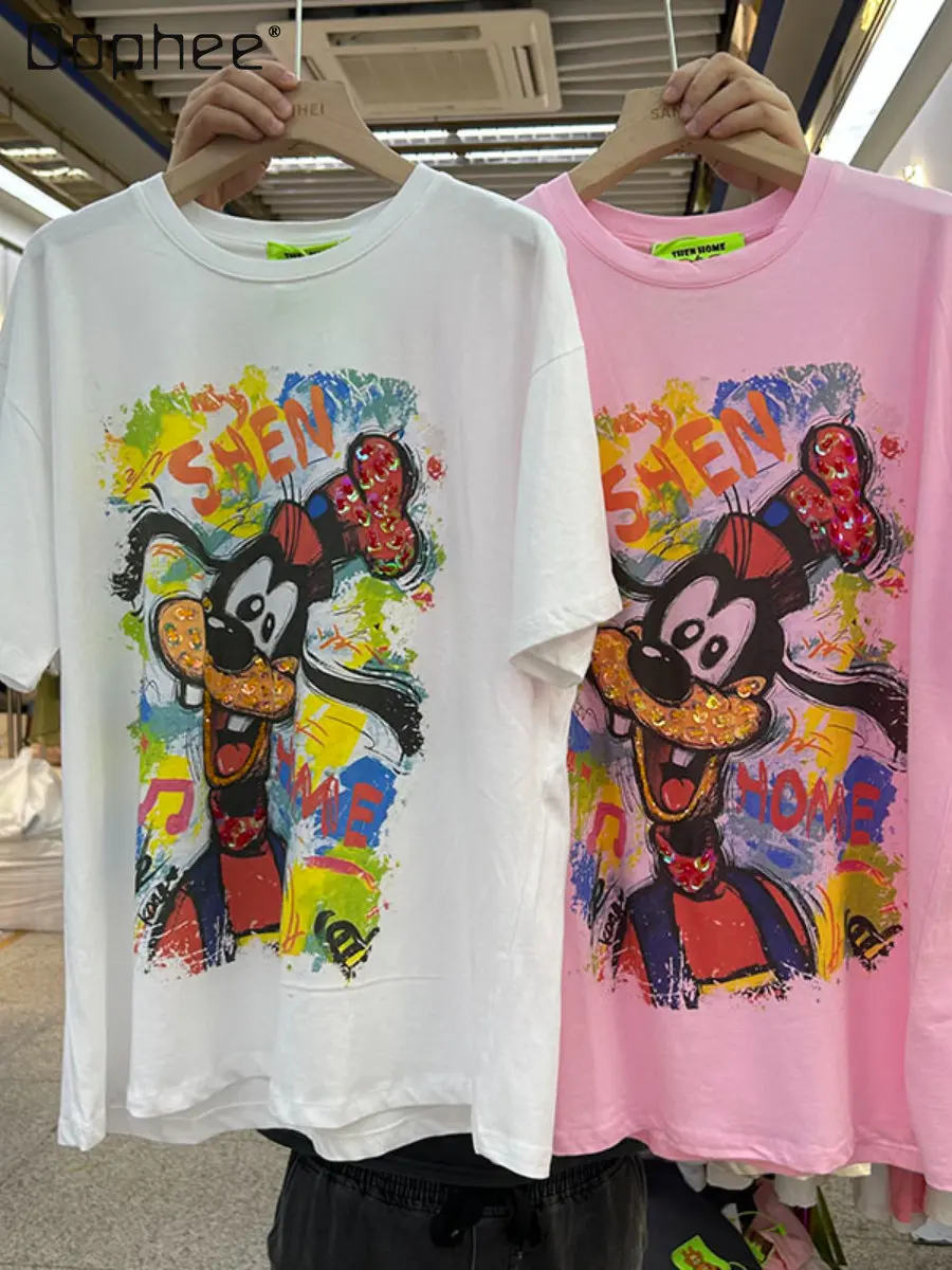

Embroidery Sequins Cartoon Printed Short-Sleeved T-shirt Female Summer Loose Pullover Mid-Length All-Matching Round Neck Top