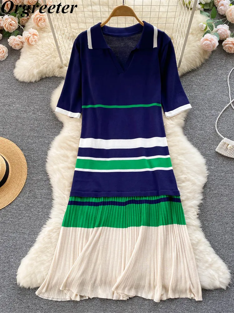 

Женское свободное Плиссированное Платье, Повседневное трикотажное платье-свитер оверсайз в полоску с коротким рукавом и отложным воротник...