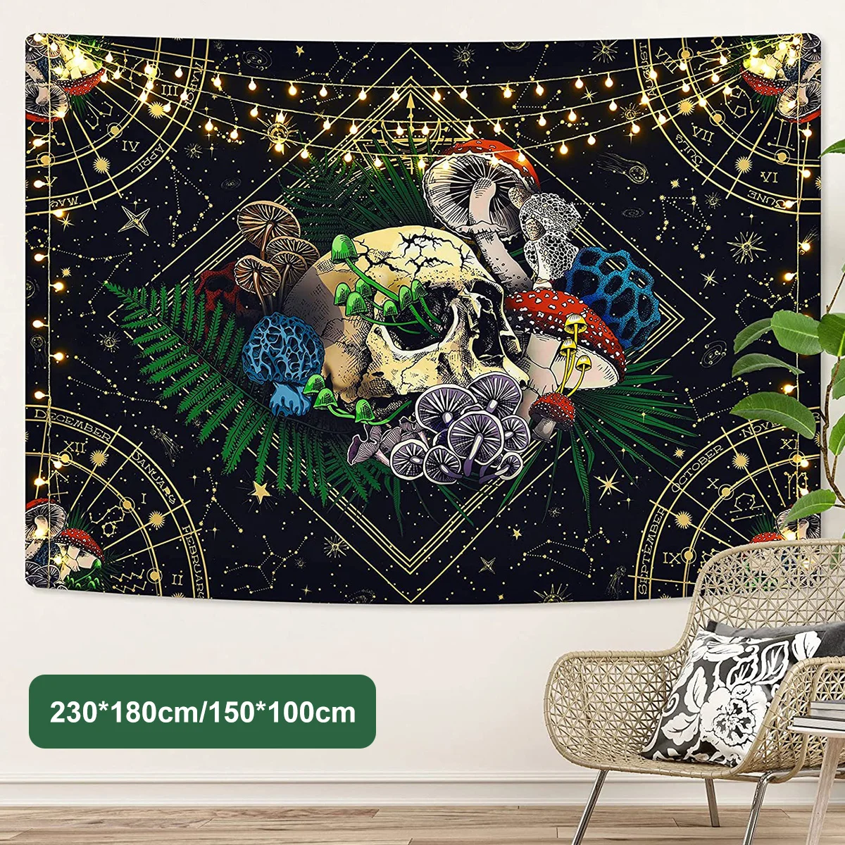 

Tapestry Large Skull Colorful Mushroom Starry Sky Machine Weaving Tapestry Aesthetic Background Wall Hanging Decor for Room