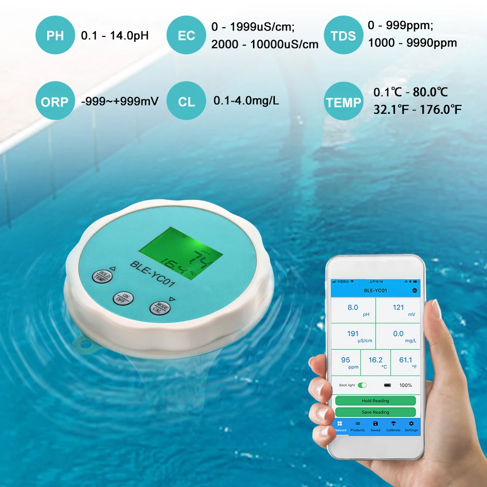 

Умный детектор качества воды 6-в-1 PH EC TDS ORP TEMP Тестер хлора BT APP Удаленный просмотр Анализатор качества воды в бассейне