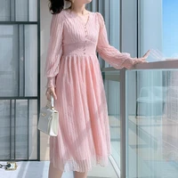 pink chiffon women dresses v neck high waist elastic pleated dress womens long sleeve new midi dresses vintage elegantes 217b
