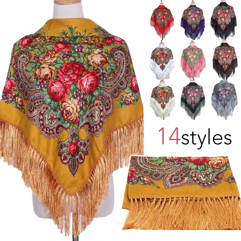 

Women Ethnic Style Scarf Retro Style Tassel Scarf Shawl Handkerchief Autumn Lady Flower Printed Soft Cotton Stole Wrap