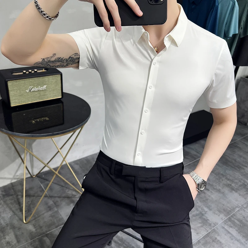 2022 Elasticity Seamless Shirts for Men Summer Short Sleeve Slim Casual Shirt Business Formal Dress Shirts Social Party Blouse