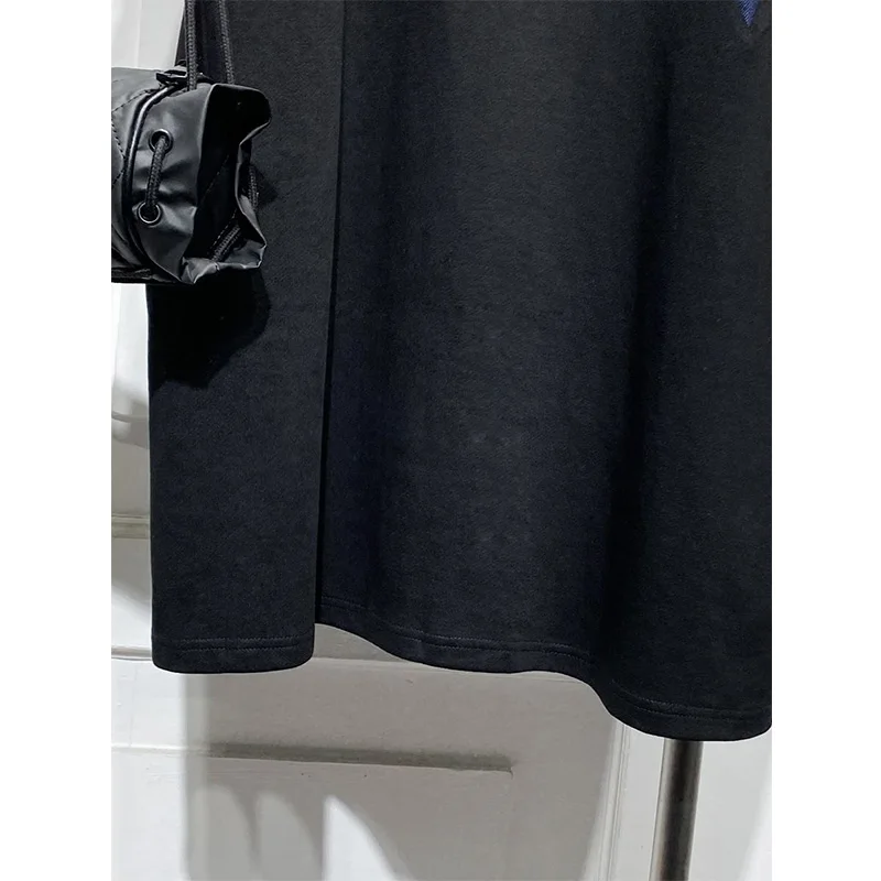 Korean Round Neck Patchwork Denim Plus Size Summer Black Versatile Short Sleeve Loose Mid Length Version T-Shirt Straight Dress