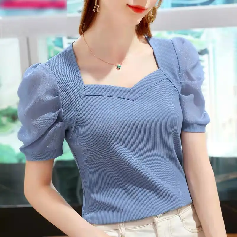 

Fashion Casual T-shirt Women's New Summer V-neck Splicing Short Sleeve T-shirt Solid Color Bubble Sleeve Top