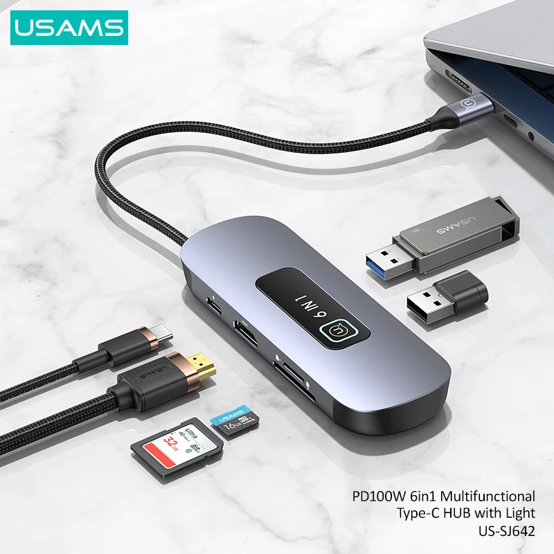 

USAMS PD 100 Вт 10 в 1 Type-C хаб с подсветкой HDMI-совместимый USB 3,0 SD TF адаптер док-станция для MacBook Pro Air M1 M2 Samsung