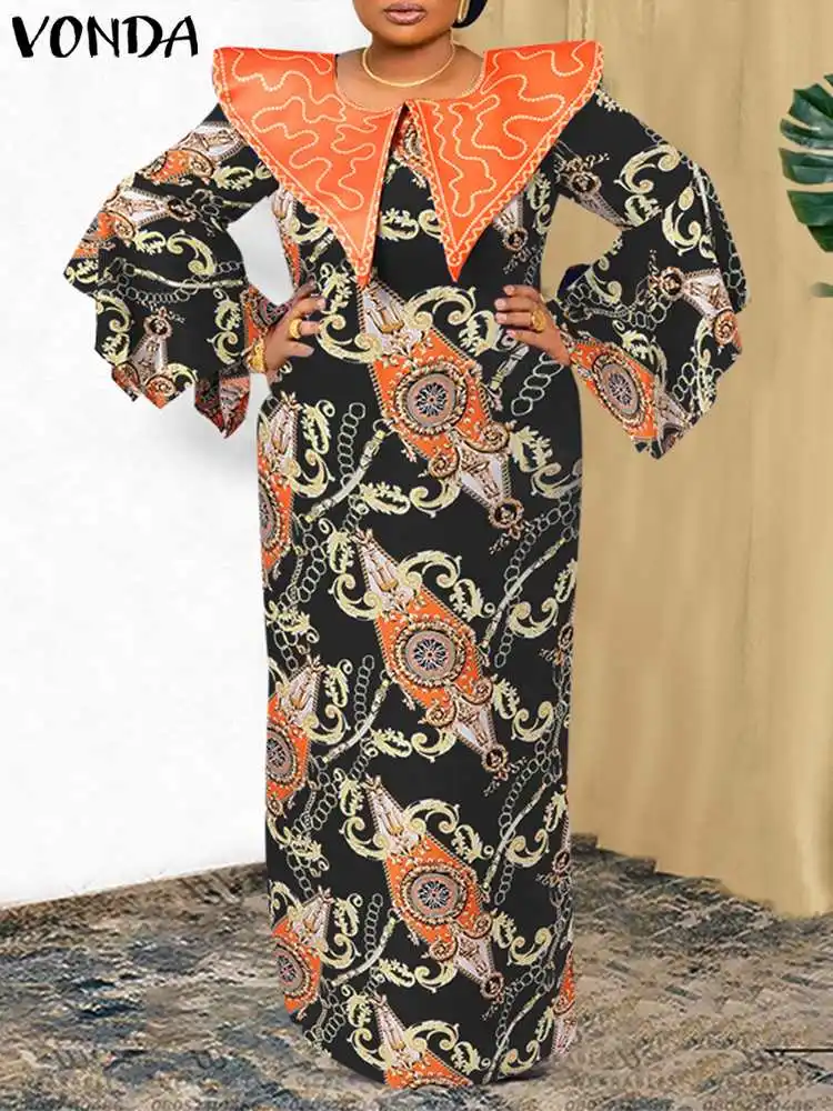 

VONDA Bohemian Maxi Dress Women Long Flare Sleeve Doll Collar Elegant Sundress 2022 Autumn Vintage Printed Casual Party Vestidos