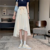 female spring summer bow belt irregular fold skirt elegant 2021 women new korean version high waisted thin mid length skirts