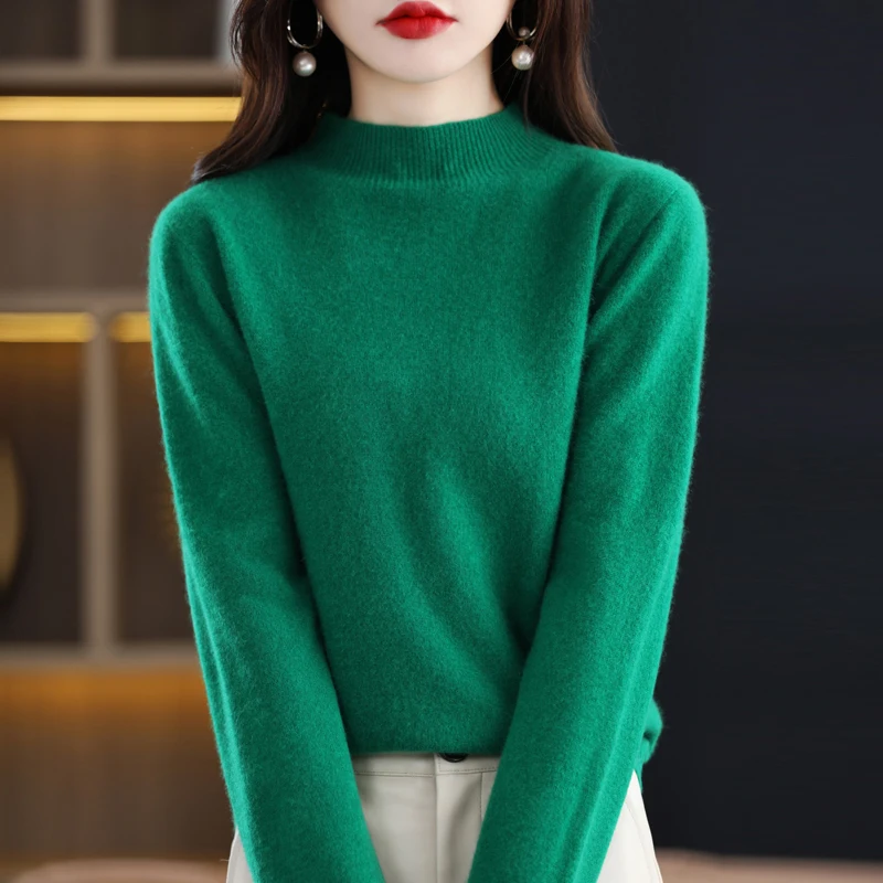 Женский осенне-зимний вязаный свитер с воротником-хомутом модный однотонный