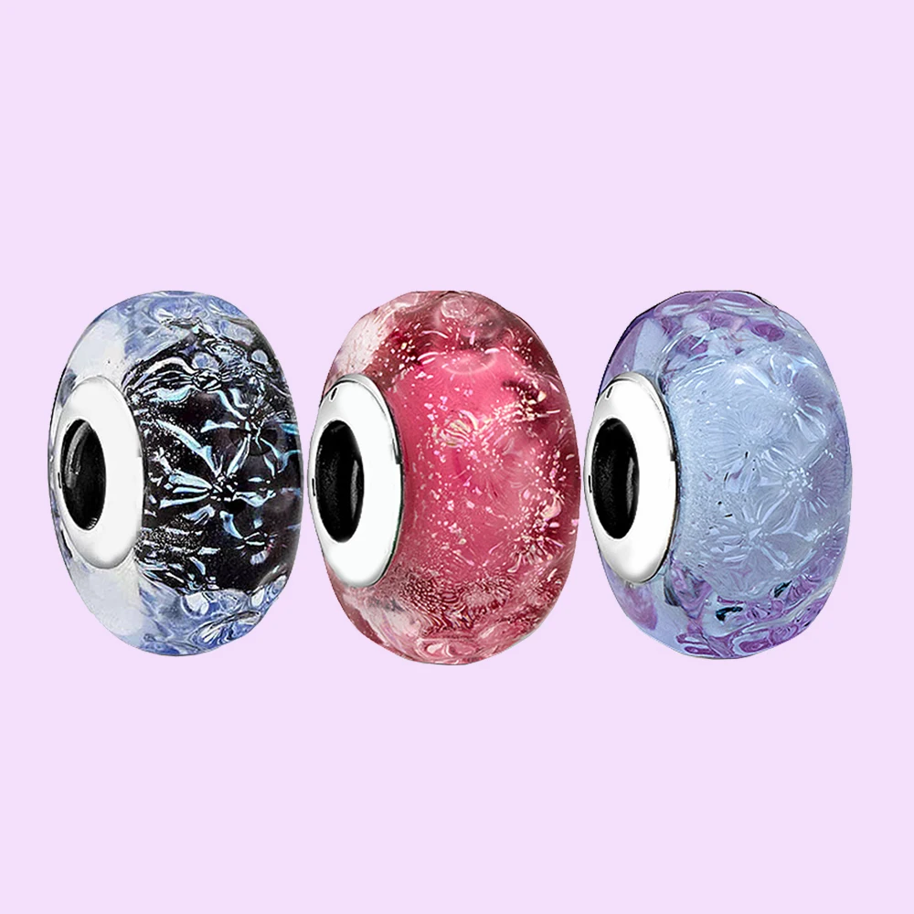 

925 Silver Original Fantastic Colorful Wavy Round Glittering Glass Charm Fit for Pandora Girls Banquet Party Trendy Gifts