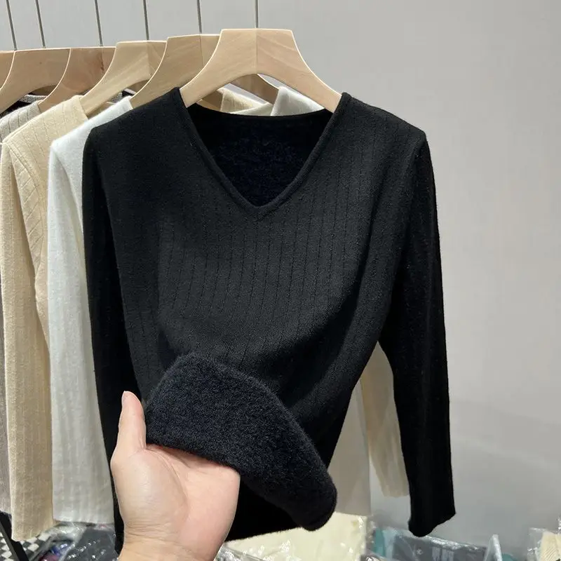 Thermal Underwear for Women Fleece Lined Tops Thick Knitted Sweater Top Winter Thermal Undershirt Thermo Bottoming Shirt