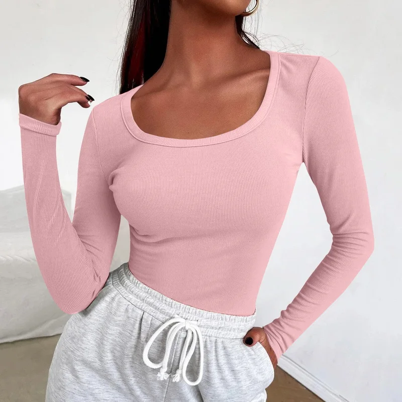 

Autumn Winter Expose Clavicle U Neck Long Sleeve Women T-shirts Inside Wear Solid Color Thin Bottom Shirt Slim Fit Sexy Tops