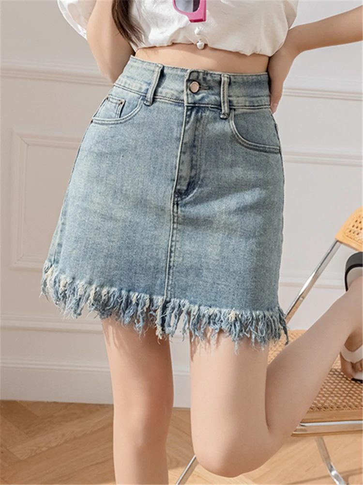 

Spring Summer High Waist Women's Denim Short Skirts Tassel Casual A-Line Sexy Mini Jeans Skirts Female 2023 New