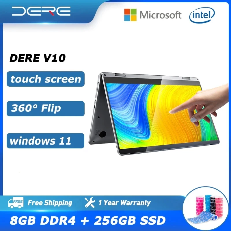 DERE V10 Laptop 11.6'' Touch Screen Laptop 12GB RAM 512GB SSD 360° Flip Intel Celeron N4000 Portable Computer Windows 11 Notebook
