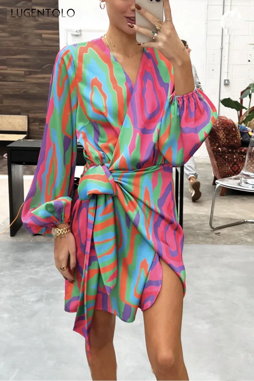 

Women Fashion Dress Long Sleeve V-neck Slim Holiday Summer Lace-up Print Casual Short Dress
