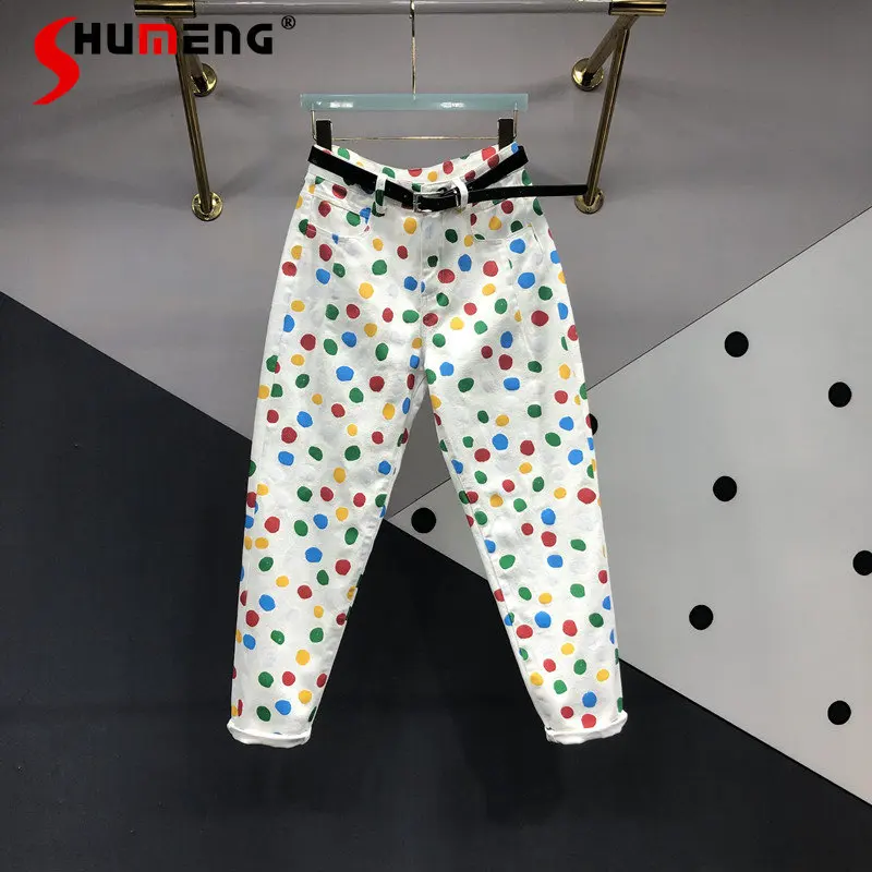 

Colorful Polka Dot Jeans Women 2023 New Spring Summer Trousers Versatile Carrot Trousers High Waist Slimming Harem Denim Pants