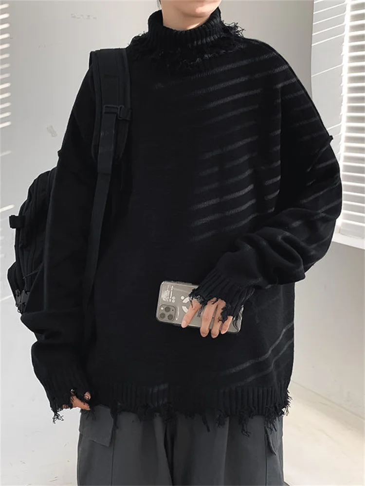 

Sweater Irregular Raw Edge Sweater Half Turtleneck Couple Ripped Hole Tide Brand Tear Edge Loose Autumn Winter Man Coat