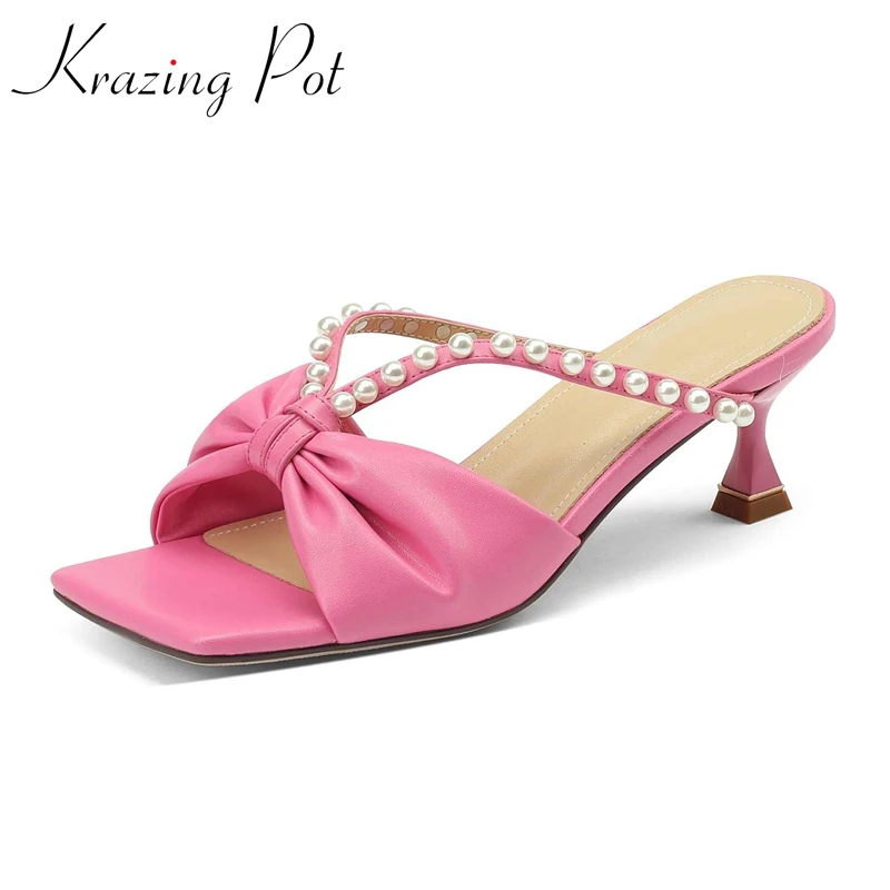 

Krazing Pot Natural Leather Peep Toe High Heel Mules Butterfly-knot Pearl Decoration French Romantic Elegant Women Sandals L29