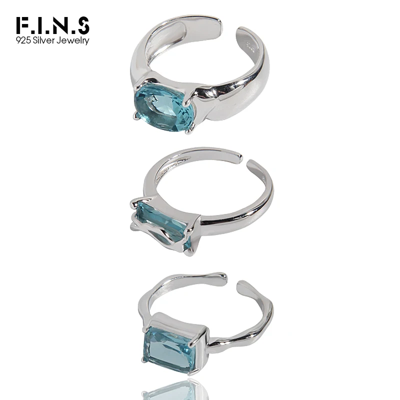 

F.I.N.S Luxury Minimalist Oval Rectangle Geometry Zircon S925 Sterling Silver Ring Women Ocean Blue CZ Wedding Finger Rings Fine
