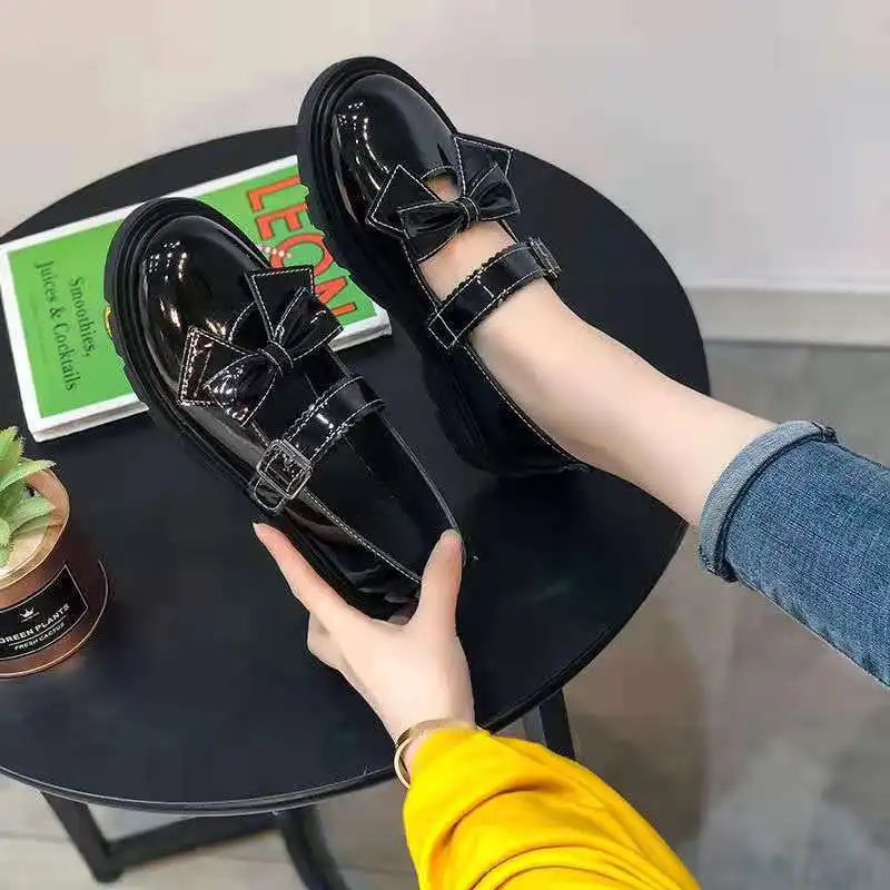 

Women's Large Size 33-44 Black Single Shoes Students Japanese Bow Uniform Shoes Comfortable Leather Shoes Lolita Shoes Platform