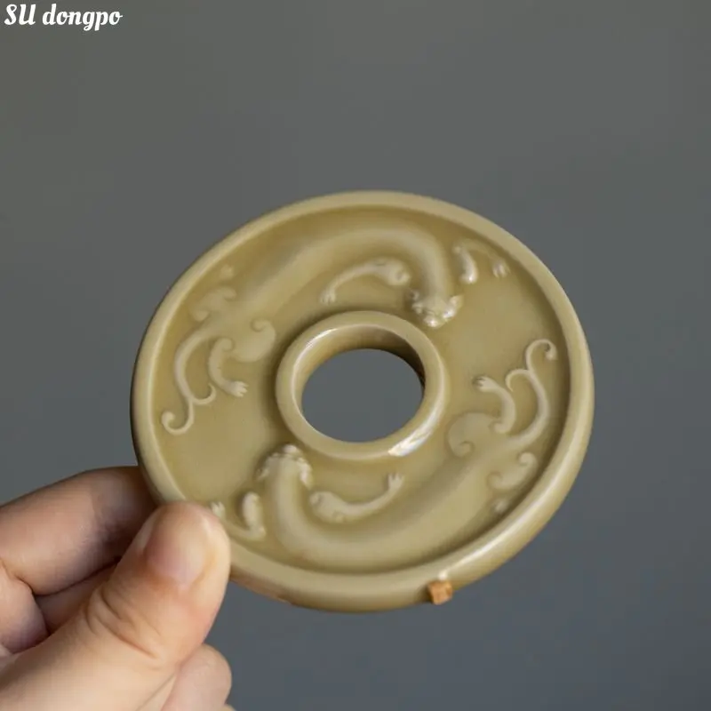 

Dingyao Yellow Handmade Relief Dragon Lid Saucer Ceramic Coaster Tea Mat Chinese Kung Fu Tea Set Tea Ceremony Accessories