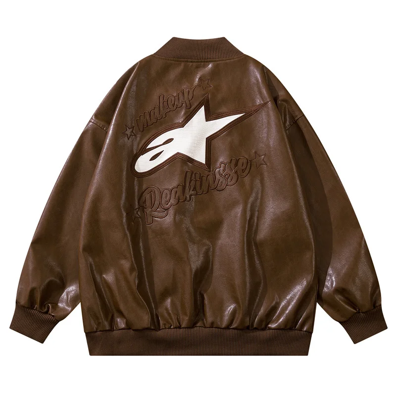 Hip Hop Oversized Leather 2023 Jacket Letter Star Embroidery Vintage Baseball Jackets Harajuku Varsity Streetwear Bomber Coat