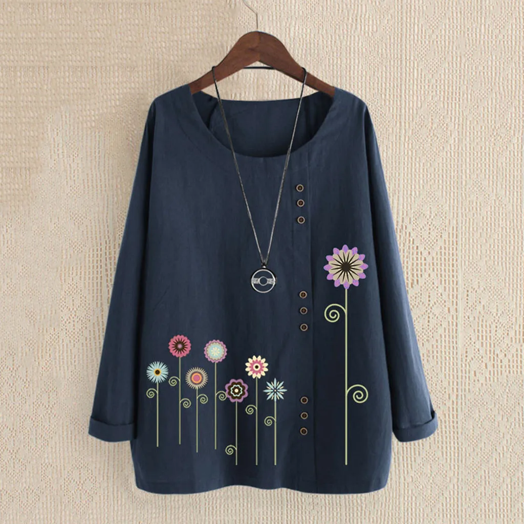 

Women's Casual O-Neck Print Loose Button Long Sleeve Blouse Tops Polyester Top Long Sleeve Women's Work Tops
