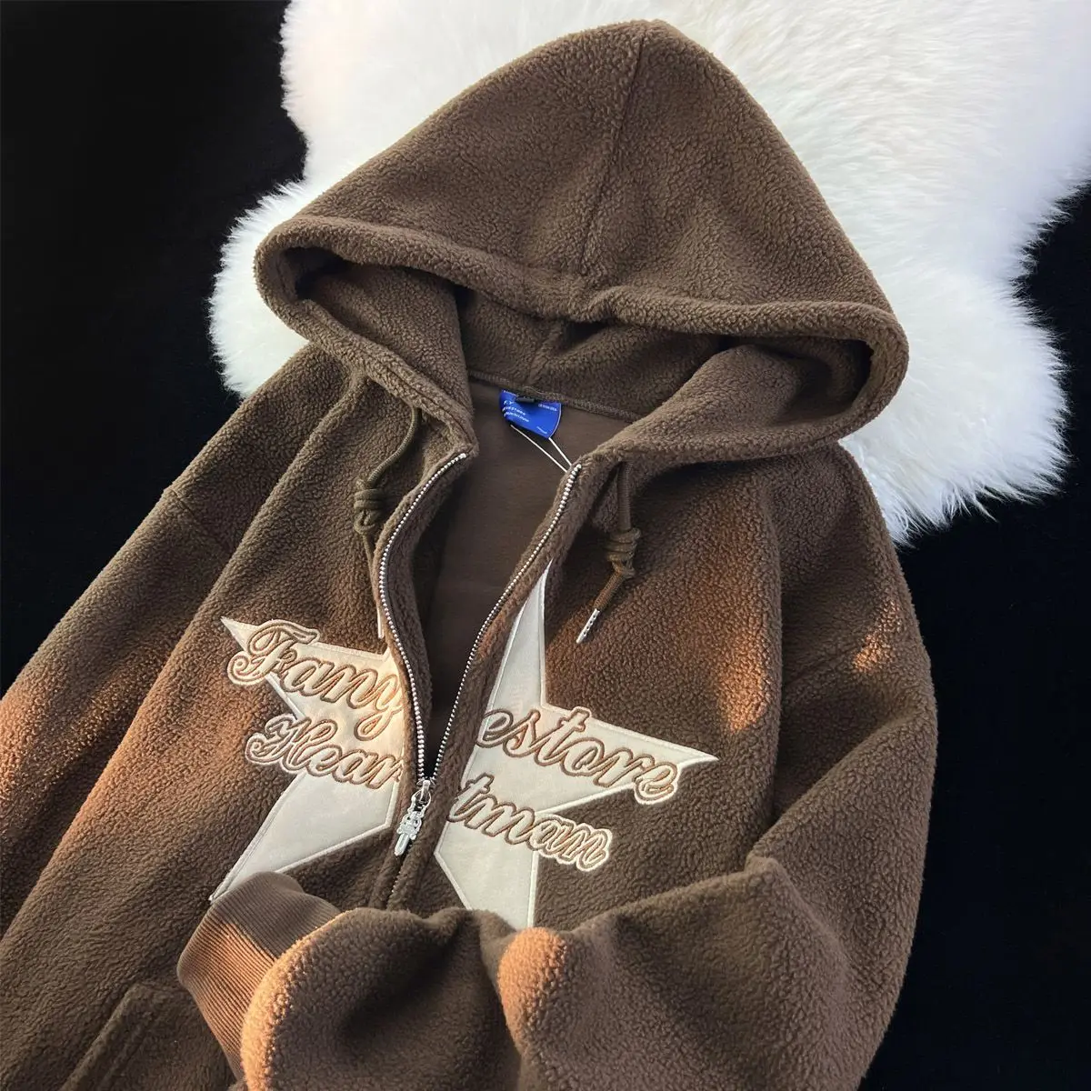 

American Letter Five-pointed Star Embroidery Sweatshirt Polar Fleece Zip Up Hoodie Jacket Loose Casual Harajuku Couples Cardigan