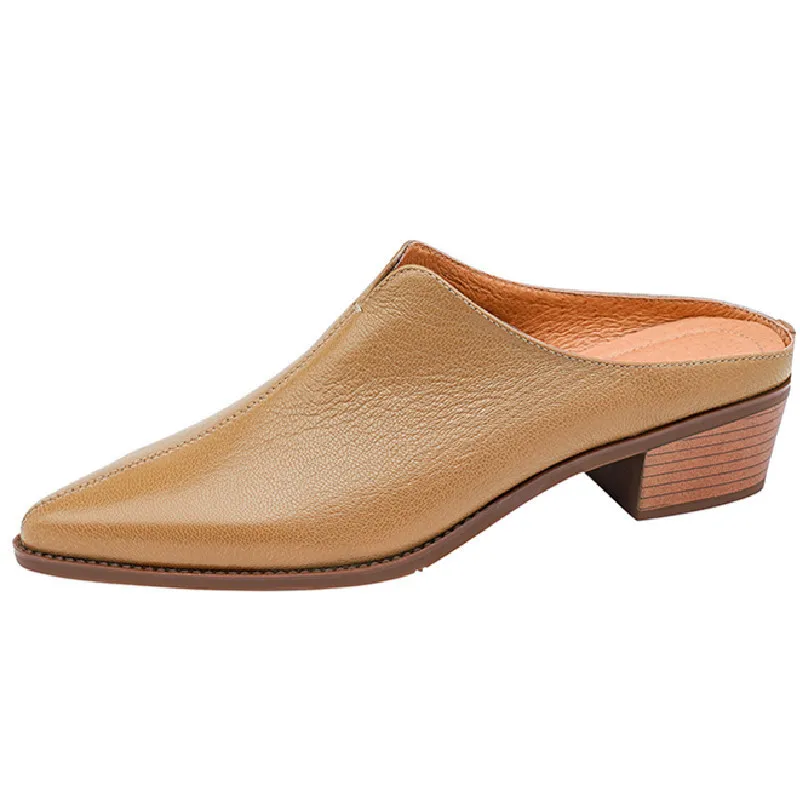 

. Concise Fashion Mules Women Pumps Spring Summer Office Casual Point Toe Thick Heels Slippers Genuine Leather Shoes Woman