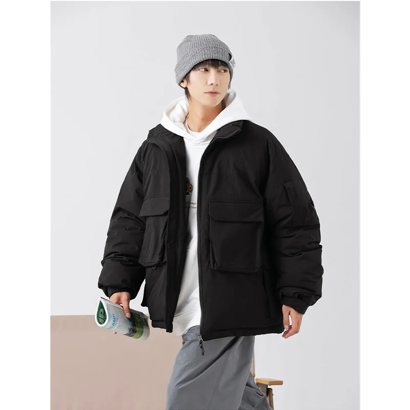 Men Clothing New Multiple Pockets Keep Warm Cotton-padded Clothes Black Stand Collar Recreational Temperament Female Coat Winter