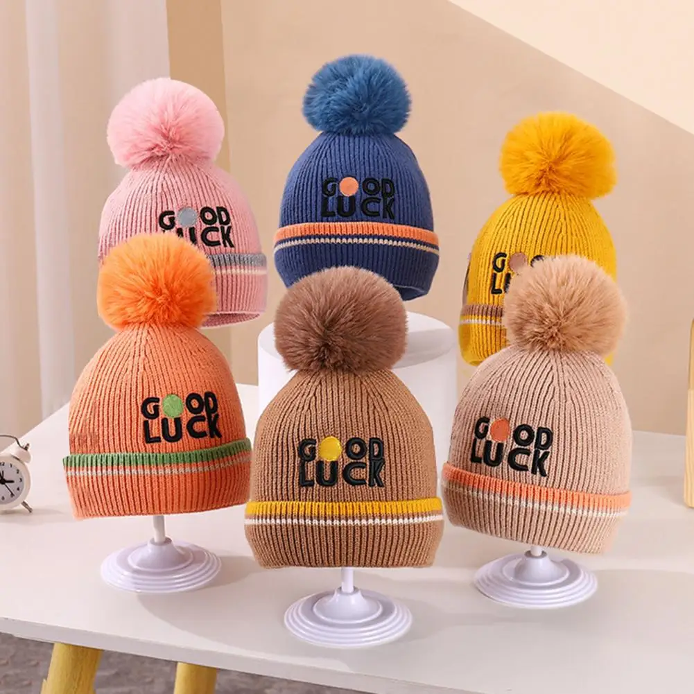 

Baby Autumn Hat Thicken Keep Warm Knitted Soft Infant Winter Bonnet High Elasticity Plush Ball Baby Winter Bonnet for Daily Wear
