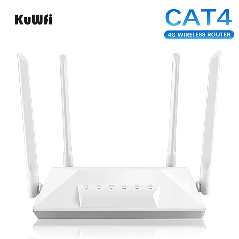 

KuWfi 4G Wifi Router 150Mbps Umlocked CAT4 Wi-fi Router with SIM Card Slot LTE Router Hotspot RJ45 Port Modem 4 Antenna