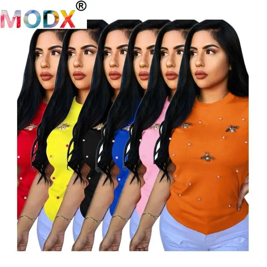 

Women Summer Tops Short Sleeve Bead T Shirts Solid Black Pink Pullover Tees Casual Female Clothing Wholesale DHL 6957